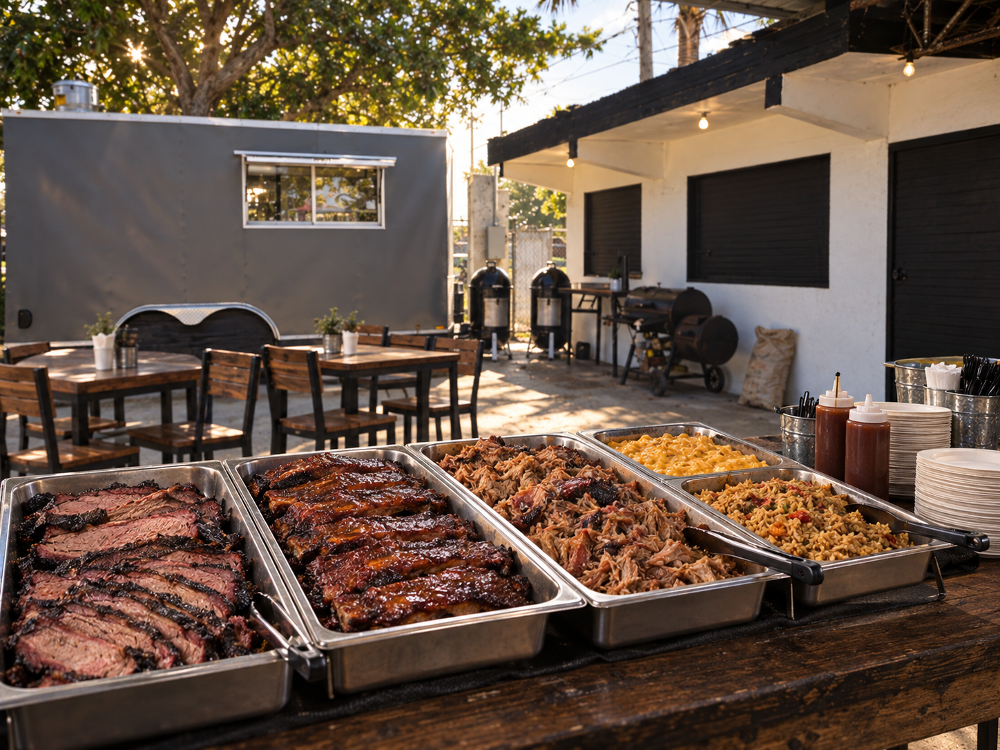 Carnes ahumadas y sides preparados para catering en La Furia BBQ